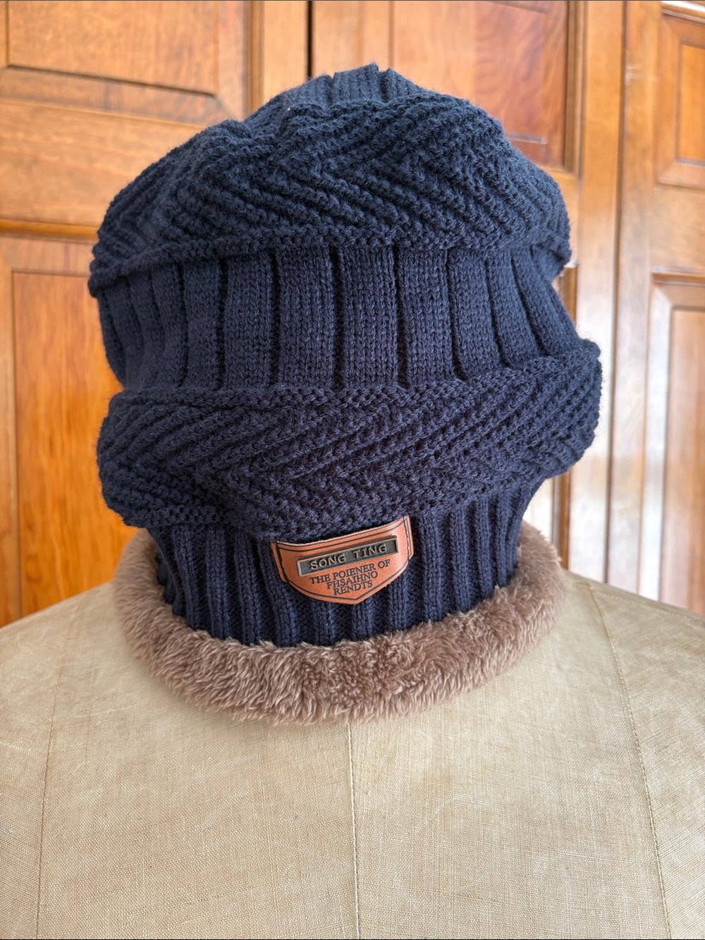 Blue Knit Men's Beanie with Faux Fur Trim